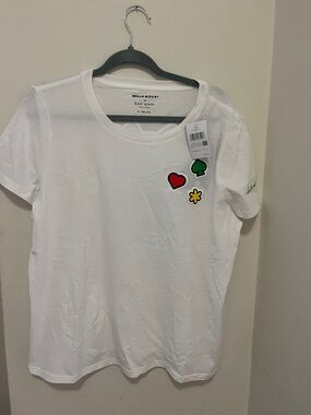 Hello Kitty & kate spade White Tee with Red Heart & Green Club Patches, NWT